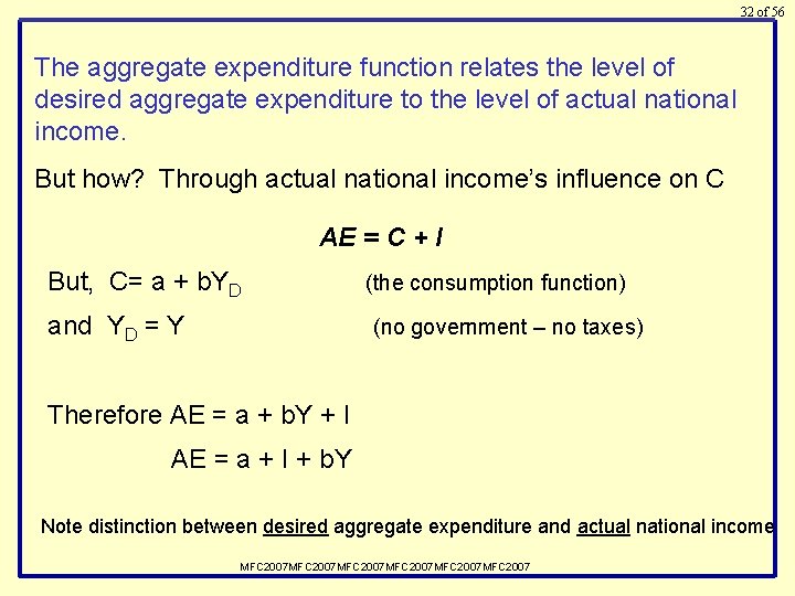 32 of 56 The aggregate expenditure function relates the level of desired aggregate expenditure