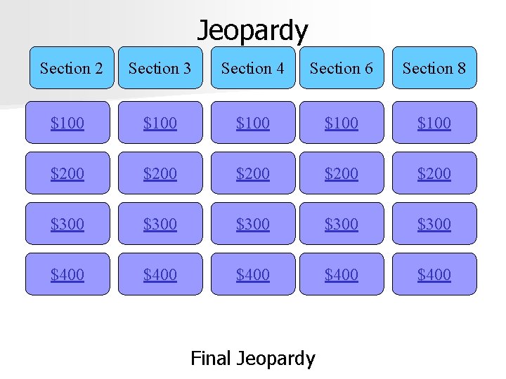 Jeopardy Section 2 Section 3 Section 4 Section 6 Section 8 $100 $100 $200