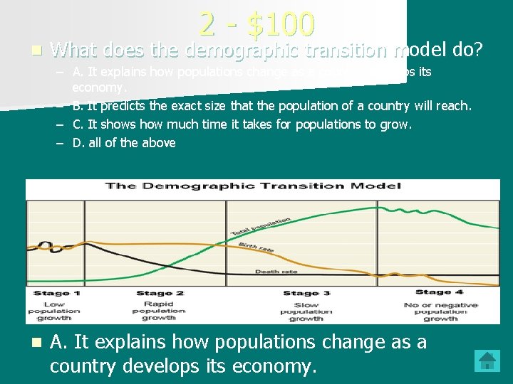 n 2 - $100 What does the demographic transition model do? – A. It