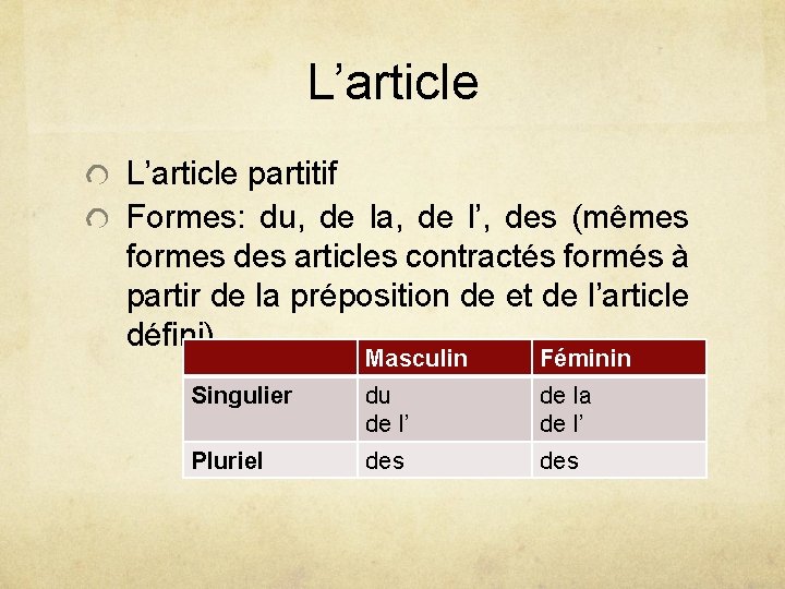 L’article partitif Formes: du, de la, de l’, des (mêmes formes des articles contractés