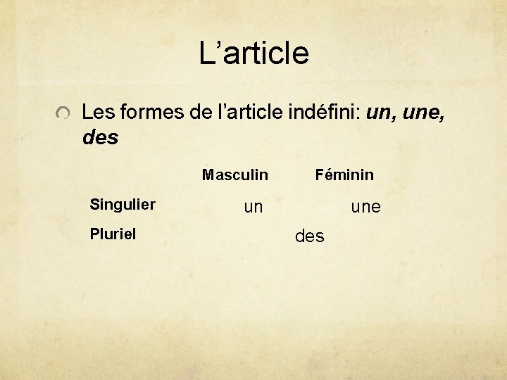 L’article Les formes de l’article indéfini: un, une, des Masculin Singulier Pluriel Féminin un