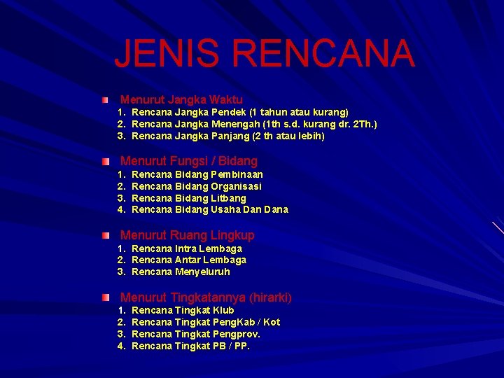 JENIS RENCANA Menurut Jangka Waktu 1. Rencana Jangka Pendek (1 tahun atau kurang) 2.