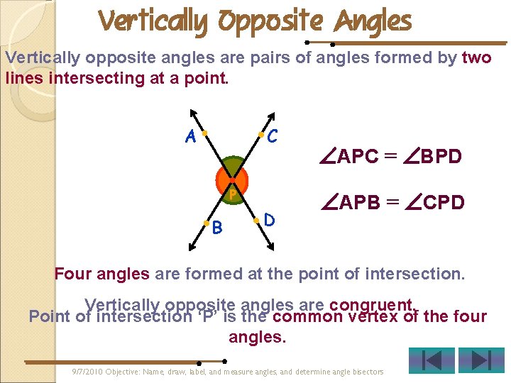 Vertically Opposite Angles Vertically opposite angles are pairs of angles formed by two lines