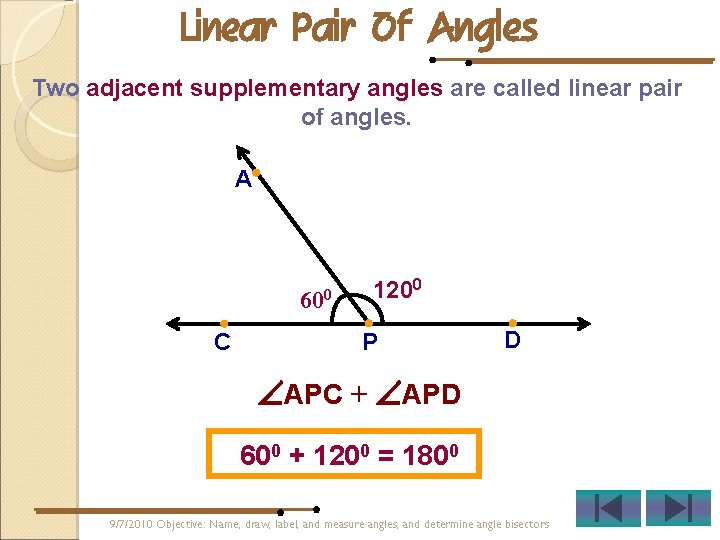 Linear Pair Of Angles Two adjacent supplementary angles are called linear pair of angles.