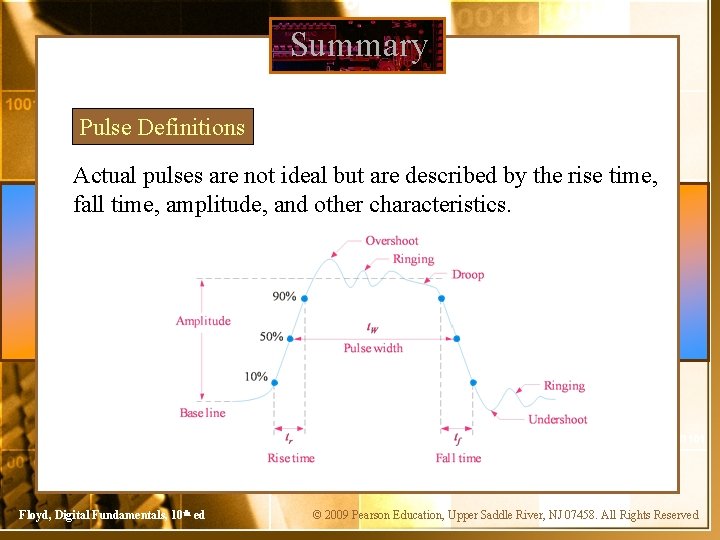 Summary Pulse Definitions Actual pulses are not ideal but are described by the rise