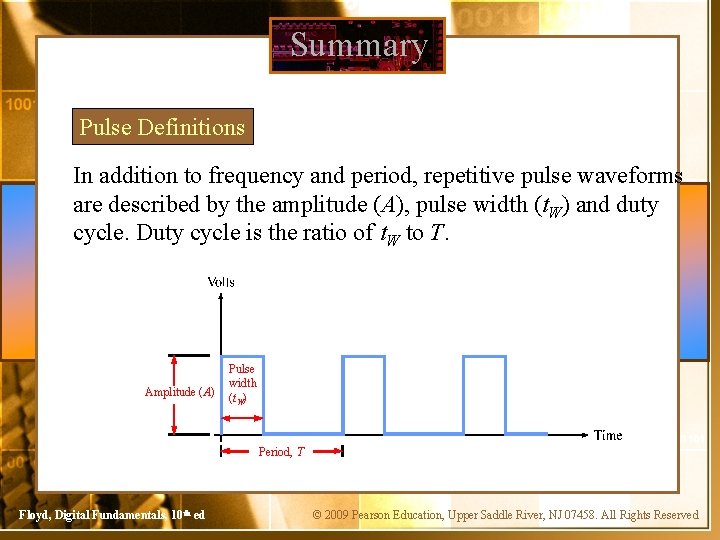 Summary Pulse Definitions In addition to frequency and period, repetitive pulse waveforms are described