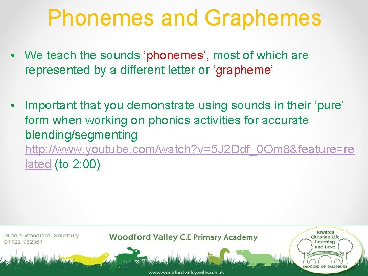 Phonemes and Graphemes • We teach the sounds ‘phonemes’, most of which are represented