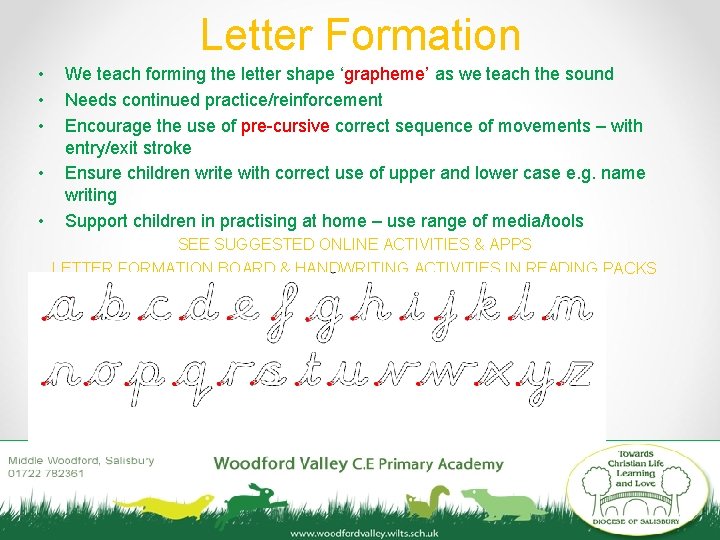 Letter Formation • • • We teach forming the letter shape ‘grapheme’ as we