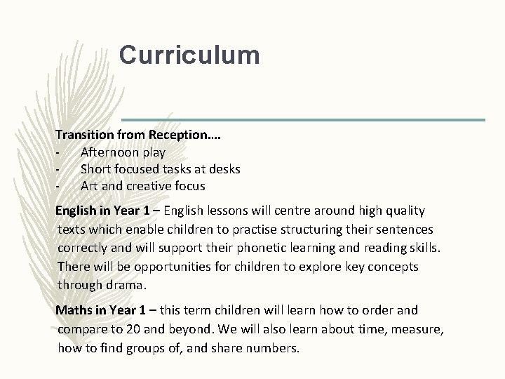Curriculum Transition from Reception…. - Afternoon play - Short focused tasks at desks -