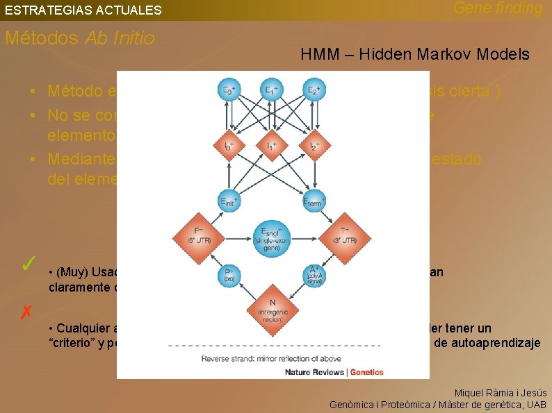 Gene finding ESTRATEGIAS ACTUALES Métodos Ab Initio HMM – Hidden Markov Models • Método