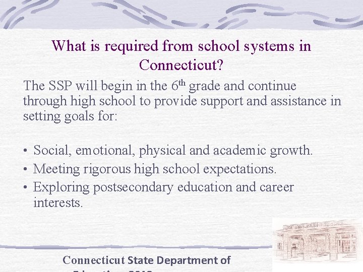 What is required from school systems in Connecticut? The SSP will begin in the