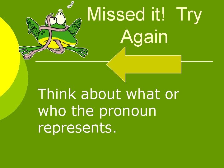Missed it! Try Again Think about what or who the pronoun represents. 