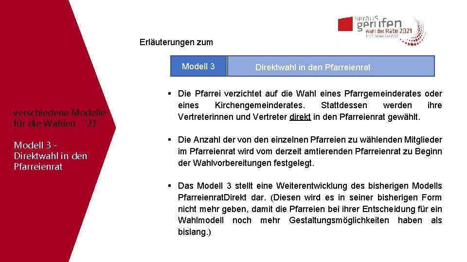 Erläuterungen zum Modell 3 verschiedene Modelle für die Wahlen ‘ 21 Modell 3 Direktwahl