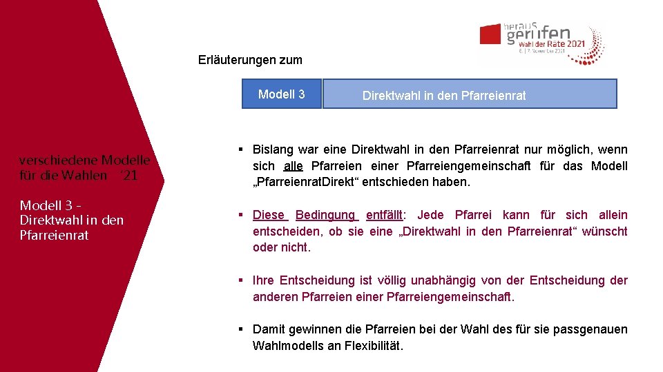 Erläuterungen zum Modell 3 verschiedene Modelle für die Wahlen ‘ 21 Modell 3 Direktwahl