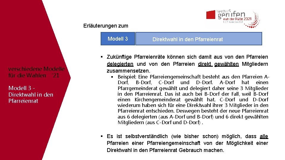 Erläuterungen zum Modell 3 verschiedene Modelle für die Wahlen ‘ 21 Modell 3 Direktwahl