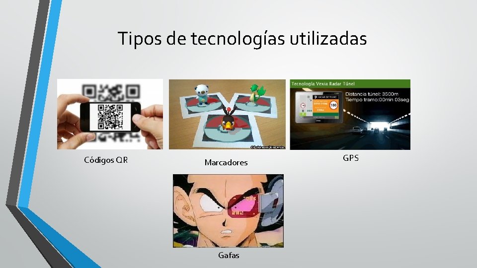 Tipos de tecnologías utilizadas Códigos QR Marcadores Gafas GPS 