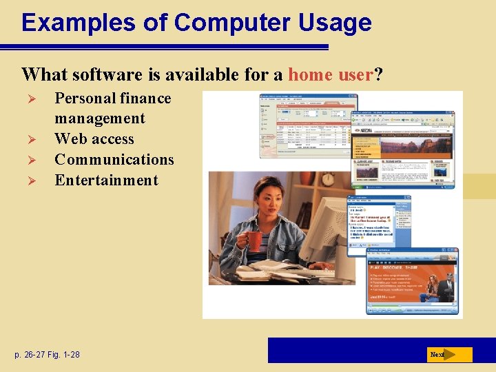 Examples of Computer Usage What software is available for a home user? Ø Ø