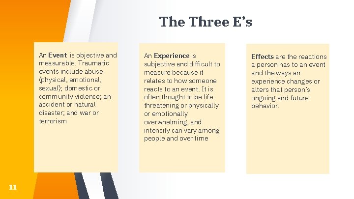 The Three E’s An Event is objective and measurable. Traumatic events include abuse (physical, The Three E’s An Event is objective and measurable. Traumatic events include abuse (physical,