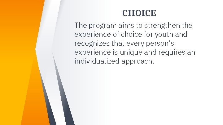 CHOICE The program aims to strengthen the experience of choice for youth and recognizes CHOICE The program aims to strengthen the experience of choice for youth and recognizes