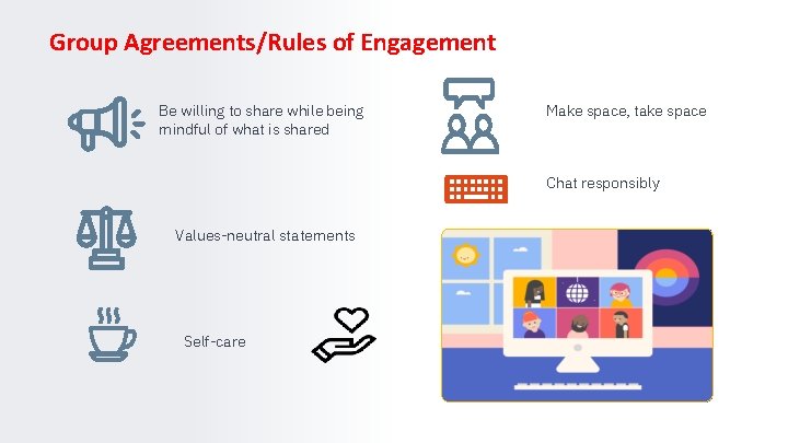 Group Agreements/Rules of Engagement Be willing to share while being mindful of what is Group Agreements/Rules of Engagement Be willing to share while being mindful of what is