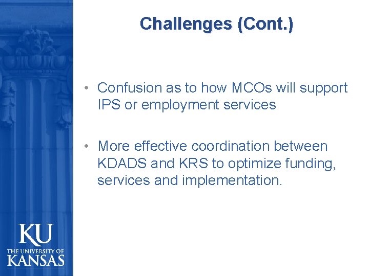 Challenges (Cont. ) • Confusion as to how MCOs will support IPS or employment