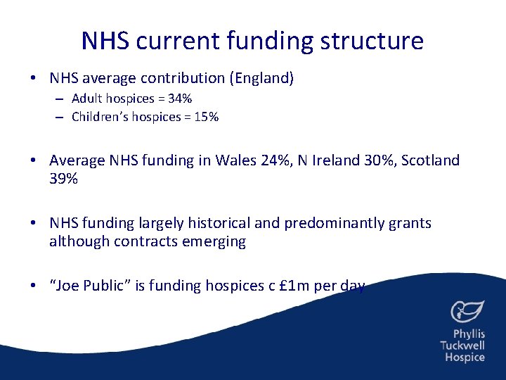 NHS current funding structure • NHS average contribution (England) – Adult hospices = 34%