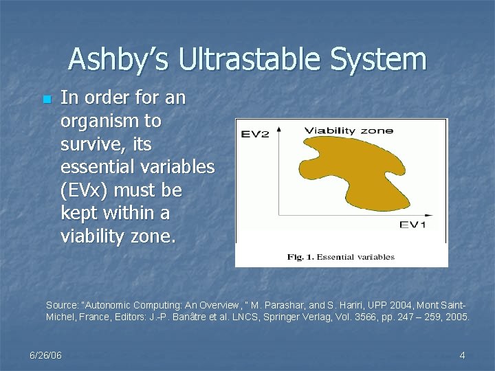 Ashby’s Ultrastable System n In order for an organism to survive, its essential variables