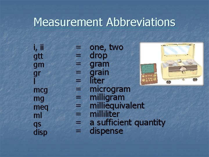 Measurement Abbreviations i, ii gtt gm gr l mcg mg meq ml qs disp