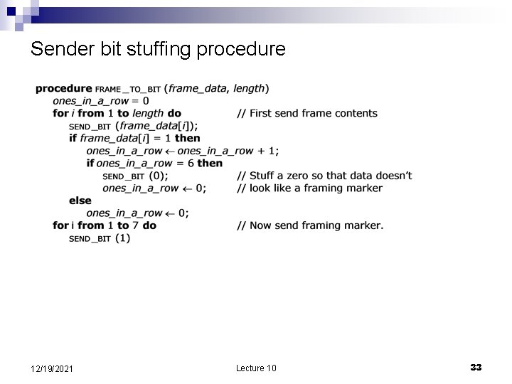 Sender bit stuffing procedure 12/19/2021 Lecture 10 33 