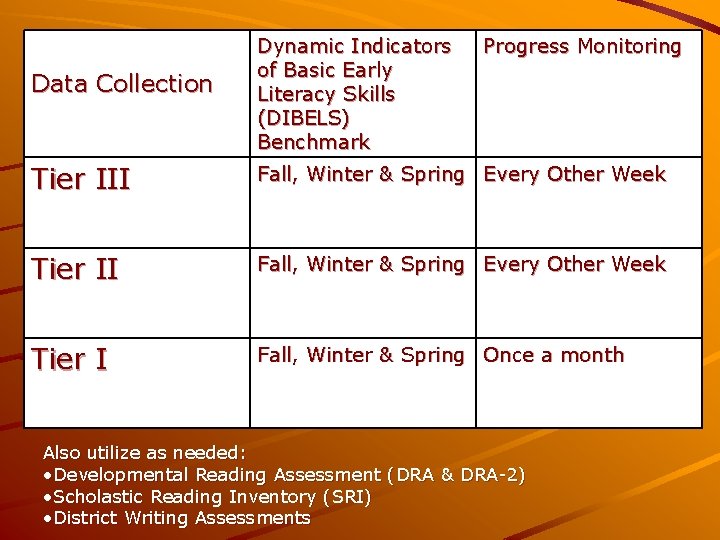 Data Collection Dynamic Indicators of Basic Early Literacy Skills (DIBELS) Benchmark Progress Monitoring Tier