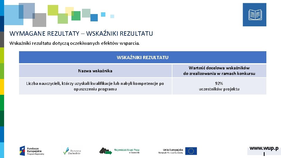 WYMAGANE REZULTATY – WSKAŹNIKI REZULTATU Wskaźniki rezultatu dotyczą oczekiwanych efektów wsparcia. WSKAŹNIKI REZULTATU Nazwa