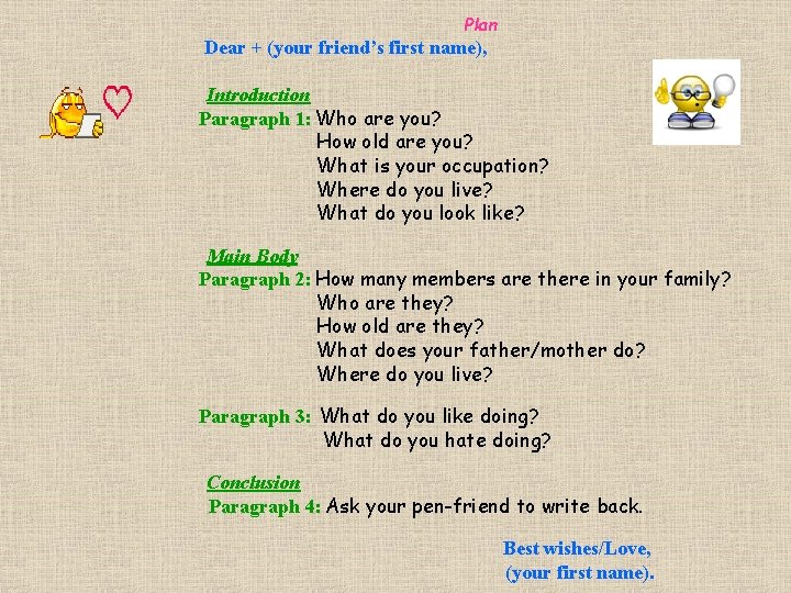 Plan Dear + (your friend’s first name), Introduction Paragraph 1: Who are you? How