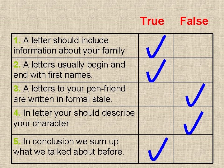 True 1. A letter should include information about your family. 2. A letters usually