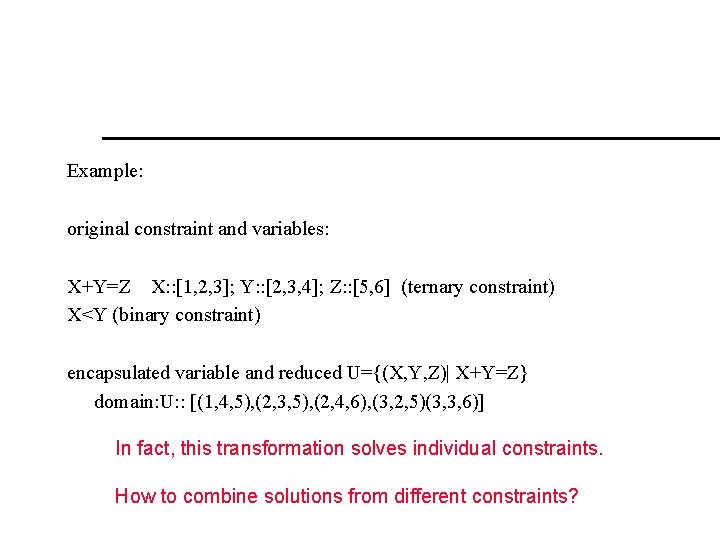 Example: original constraint and variables: X+Y=Z X: : [1, 2, 3]; Y: : [2,