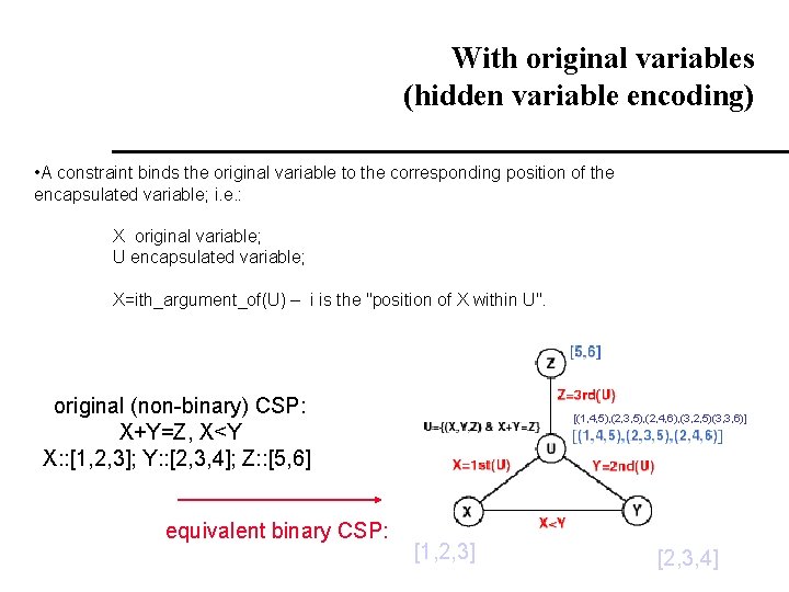 With original variables (hidden variable encoding) • A constraint binds the original variable to