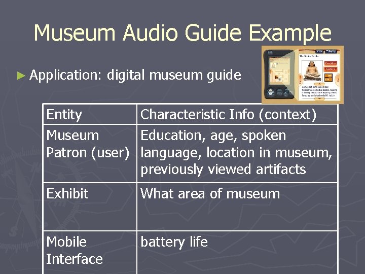 Museum Audio Guide Example ► Application: digital museum guide Entity Museum Patron (user) Characteristic