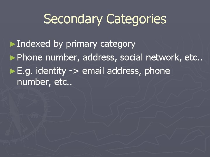 Secondary Categories ► Indexed by primary category ► Phone number, address, social network, etc.