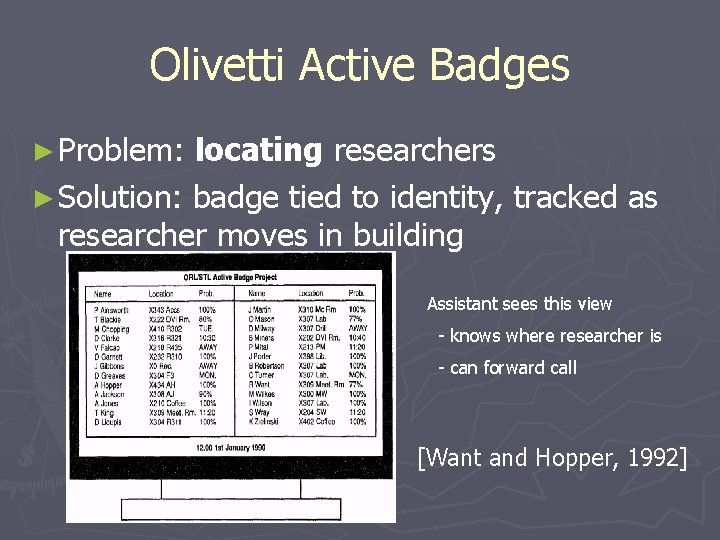 Olivetti Active Badges ► Problem: locating researchers ► Solution: badge tied to identity, tracked