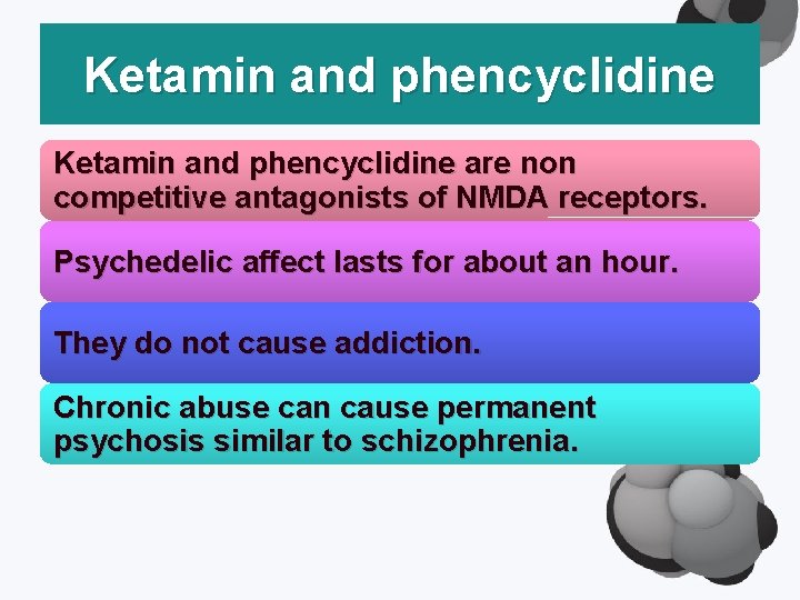 Ketamin and phencyclidine are non competitive antagonists of NMDA receptors. Psychedelic affect lasts for