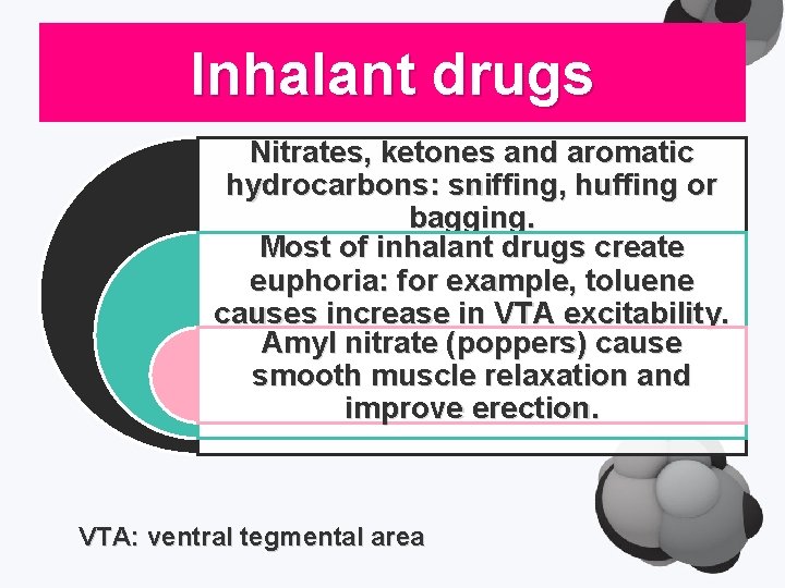 Inhalant drugs Nitrates, ketones and aromatic hydrocarbons: sniffing, huffing or bagging. Most of inhalant