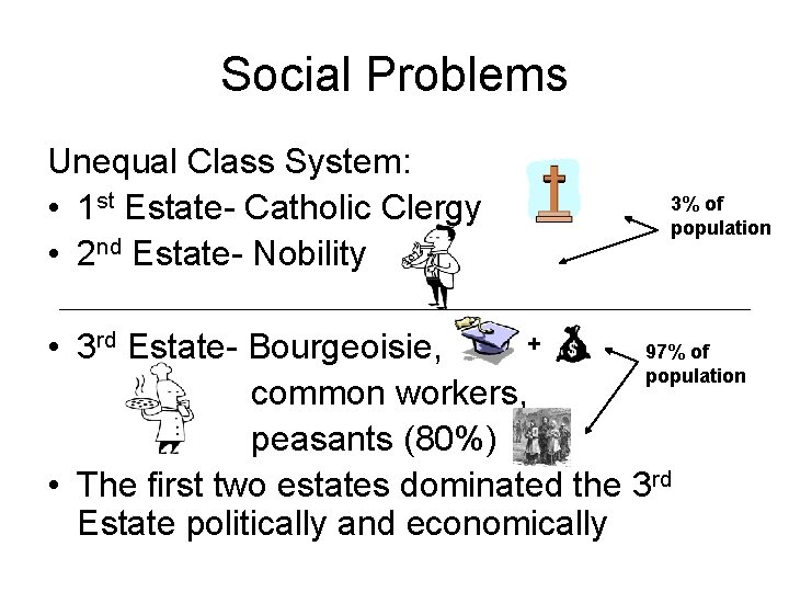 Social Problems Unequal Class System: • 1 st Estate- Catholic Clergy • 2 nd