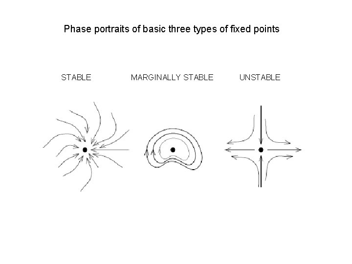 Phase portraits of basic three types of fixed points STABLE MARGINALLY STABLE UNSTABLE 