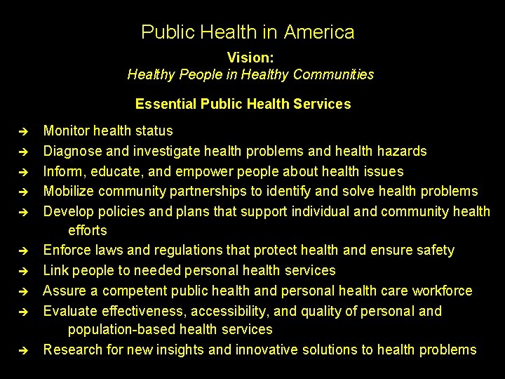 Public Health in America Vision: Healthy People in Healthy Communities Essential Public Health Services