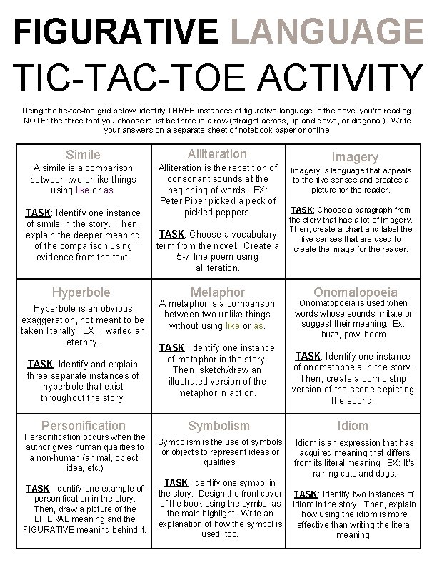 FIGURATIVE LANGUAGE TIC-TAC-TOE ACTIVITY Using the tic-tac-toe grid below, identify THREE instances of figurative