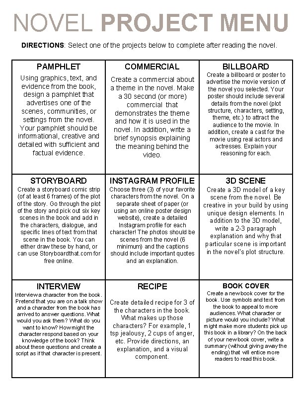 NOVEL PROJECT MENU DIRECTIONS: Select one of the projects below to complete after reading