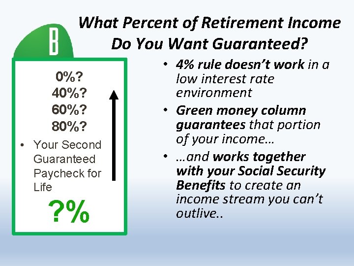What Percent of Retirement Income Do You Want Guaranteed? 0%? 40%? 60%? 80%? •
