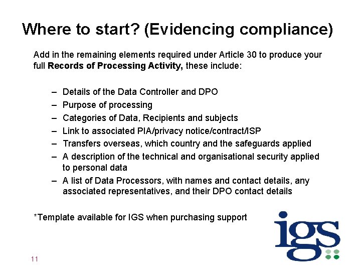 Where to start? (Evidencing compliance) Add in the remaining elements required under Article 30