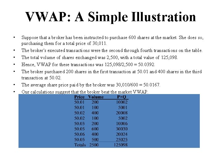 VWAP: A Simple Illustration • • Suppose that a broker has been instructed to