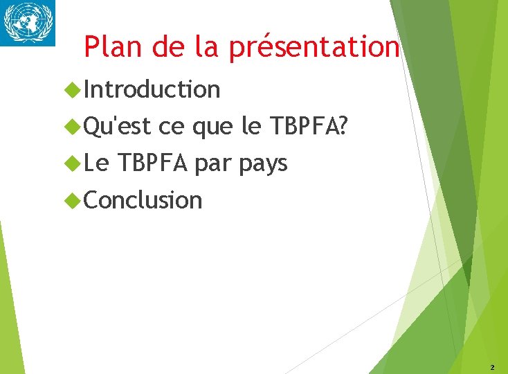 Plan de la présentation Introduction Qu'est ce que le TBPFA? Le TBPFA par pays