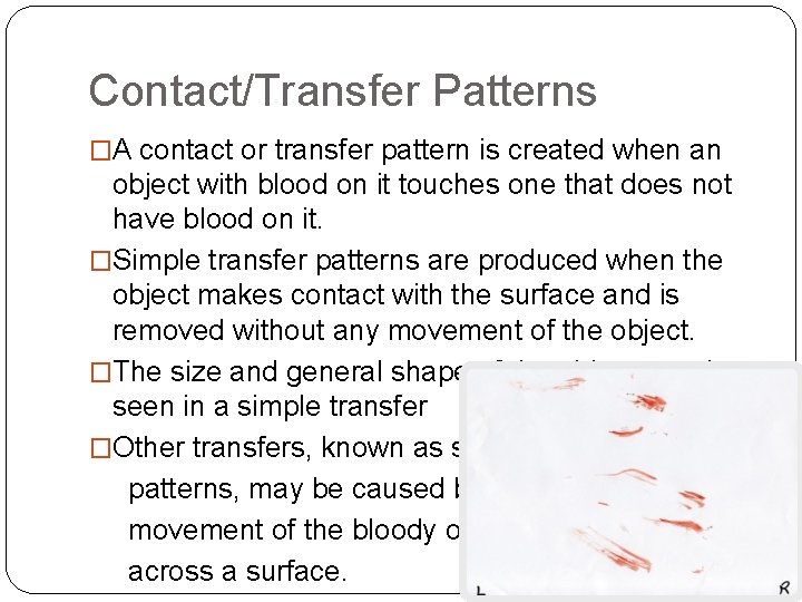 Contact/Transfer Patterns �A contact or transfer pattern is created when an object with blood